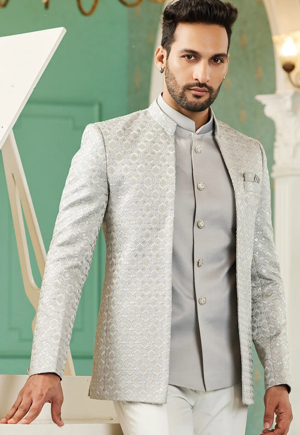 Embroidered Art Silk Jodhpuri Suit in Grey