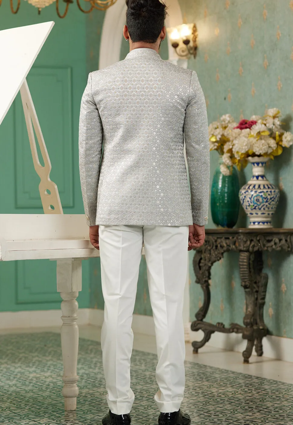 Embroidered Art Silk Jodhpuri Suit in Grey