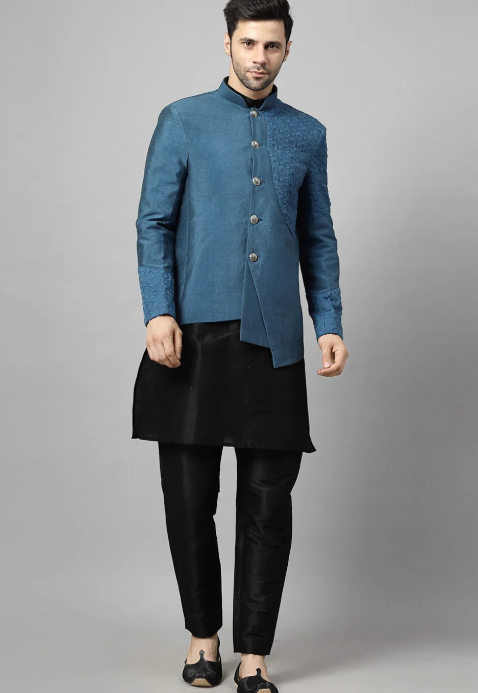 Embroidered Art Silk Jodhpuri Suit in Black