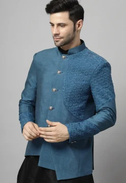 Embroidered Art Silk Jodhpuri Suit in Black