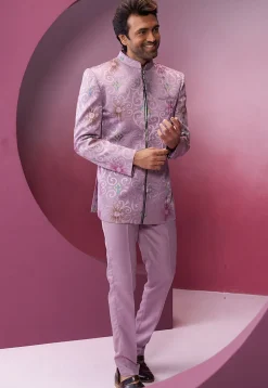 Embroidered Art Silk Jodhpuri Suit in Light Purple