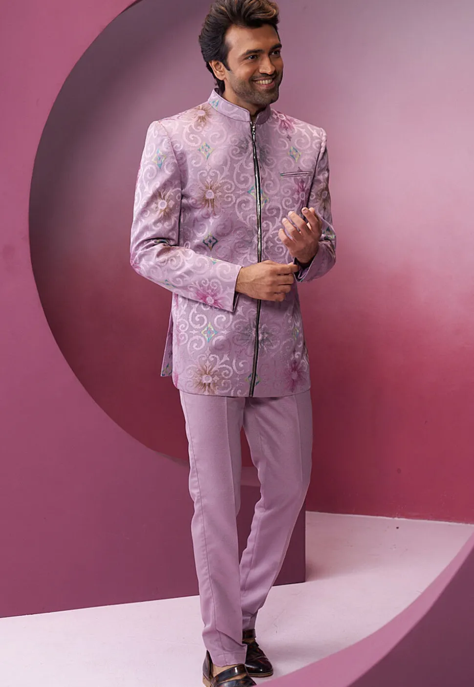 Embroidered Art Silk Jodhpuri Suit in Light Purple