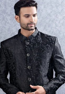 Embroidered Art Silk Jodhpuri Suit in Black