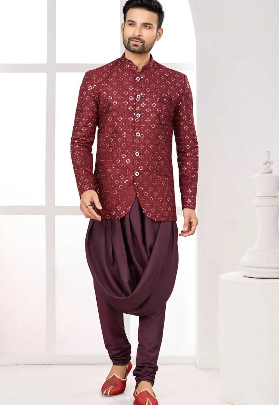 Embroidered Art Silk Jodhpuri Suit in Maroon