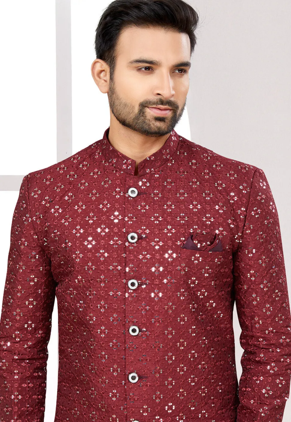 Embroidered Art Silk Jodhpuri Suit in Maroon