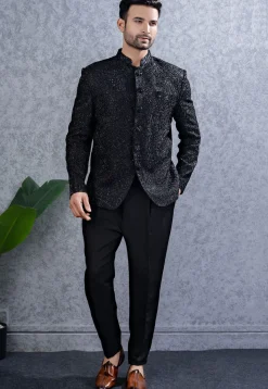 Embroidered Art Silk Jodhpuri Suit in Black