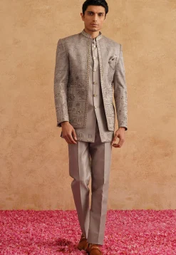 Embroidered Art Silk Jodhpuri Suit in Grey