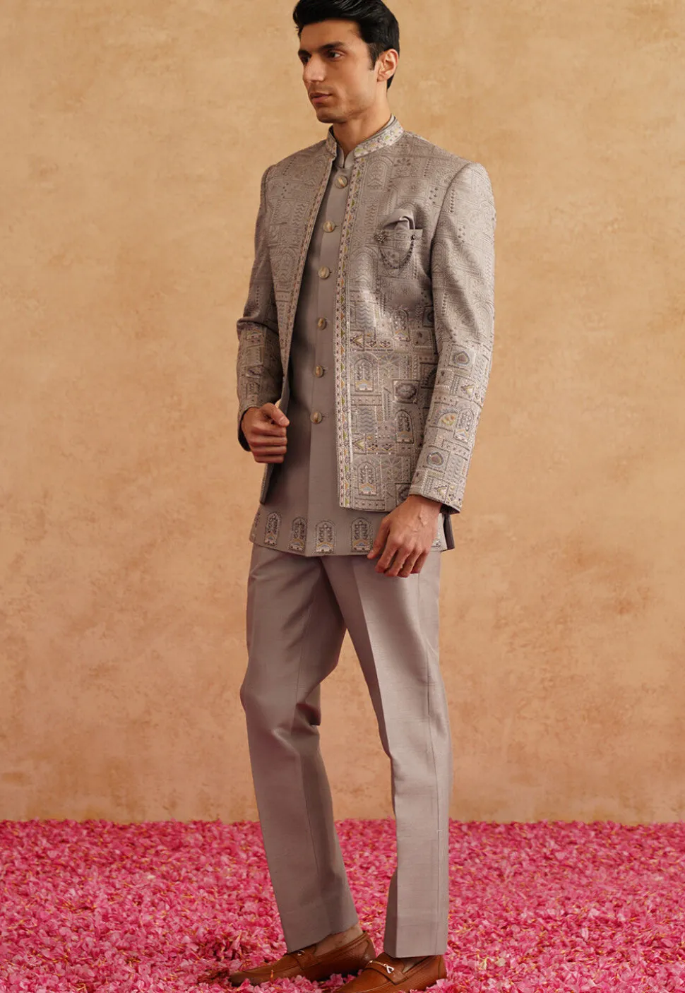 Embroidered Art Silk Jodhpuri Suit in Grey