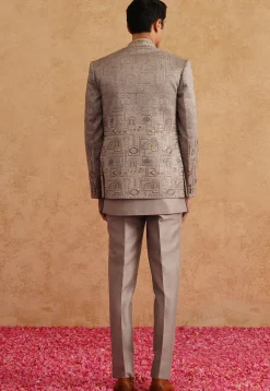 Embroidered Art Silk Jodhpuri Suit in Grey
