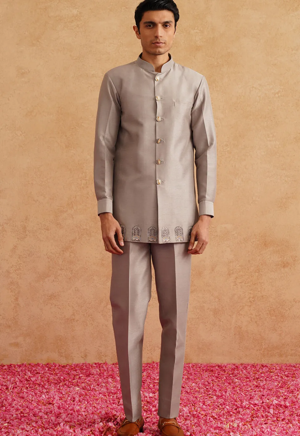 Embroidered Art Silk Jodhpuri Suit in Grey