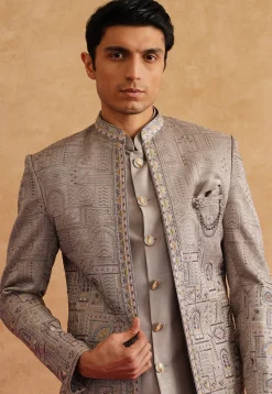 Embroidered Art Silk Jodhpuri Suit in Grey