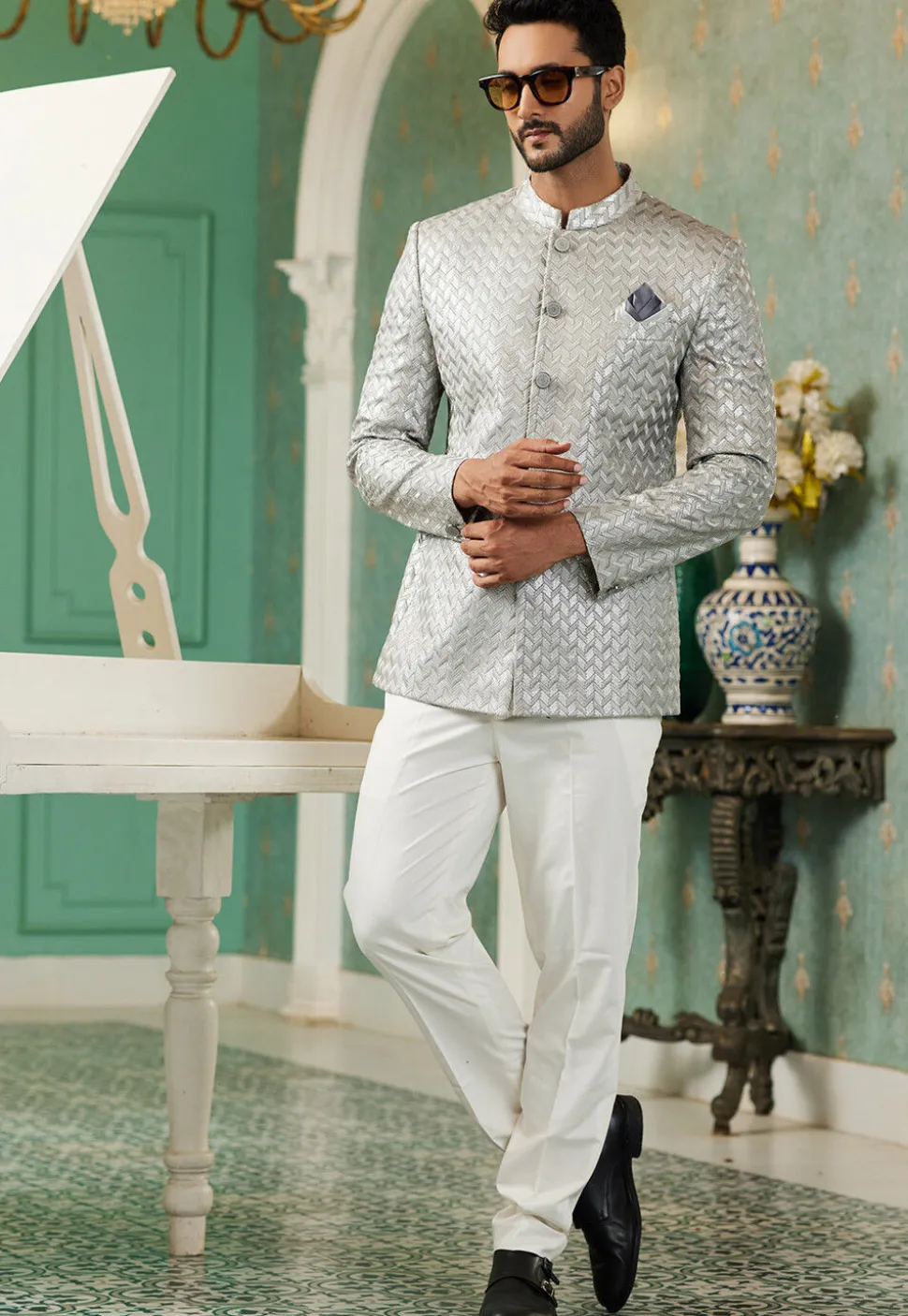 Embroidered Art Silk Jodhpuri Jacket in Grey