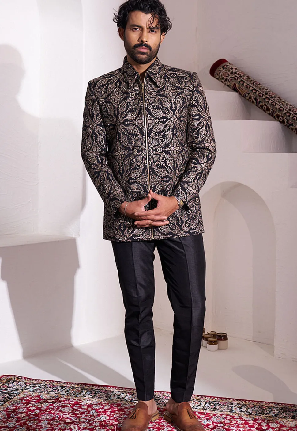 Embroidered Art Silk Jodhpuri Suit in Black