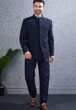 Embroidered Art Silk Jodhpuri Suit in Navy Blue