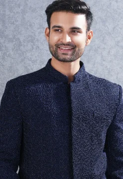 Embroidered Art Silk Jodhpuri Suit in Navy Blue