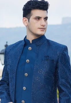 Embroidered Art Silk Jodhpuri Suit in Teal Blue