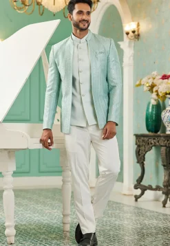 Embroidered Art Silk Jodhpuri Suit in Light Green