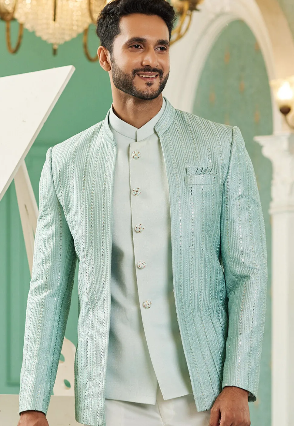 Embroidered Art Silk Jodhpuri Suit in Light Green