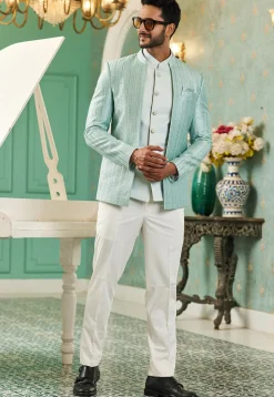 Embroidered Art Silk Jodhpuri Suit in Light Green