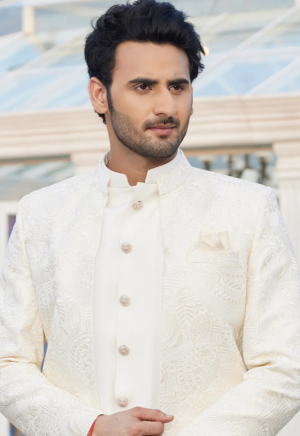 Embroidered Art Silk Jodhpuri Suit in Cream