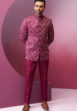 Embroidered Art Silk Jodhpuri Suit in Magenta