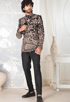 Embroidered Art Silk Jodhpuri Suit in Black