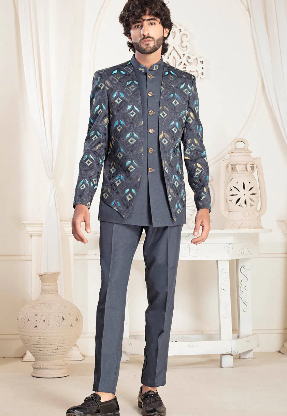 Embroidered Art Silk Jodhpuri Suit in Grey