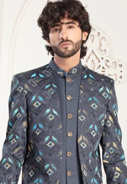 Embroidered Art Silk Jodhpuri Suit in Grey
