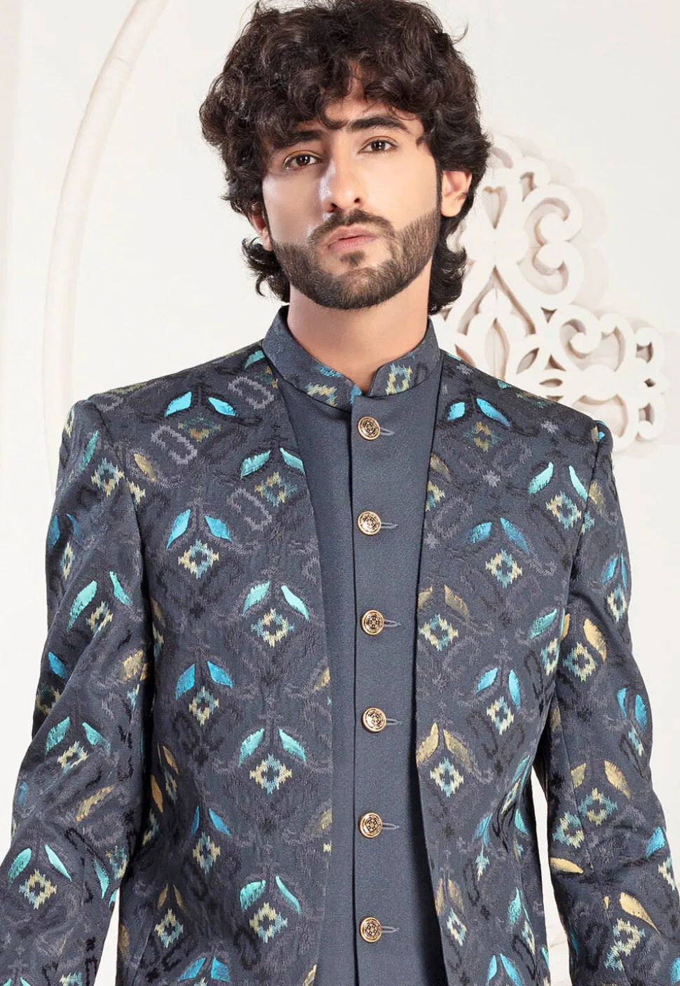 Embroidered Art Silk Jodhpuri Suit in Grey