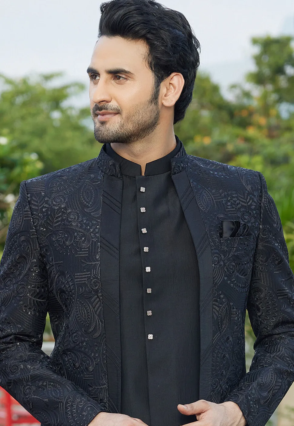 Embroidered Art Silk Jodhpuri Suit in Black