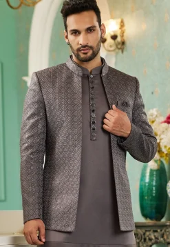 Embroidered Art Silk Jodhpuri Suit in Grey