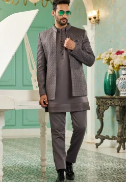 Embroidered Art Silk Jodhpuri Suit in Grey