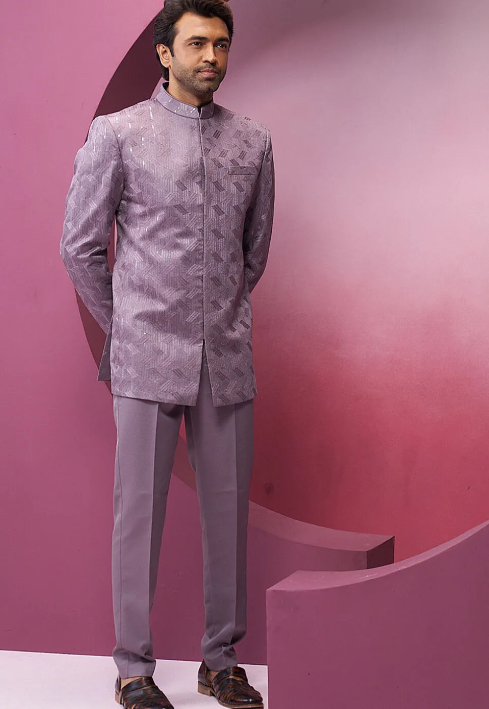 Embroidered Art Silk Jodhpuri Suit in Light Purple