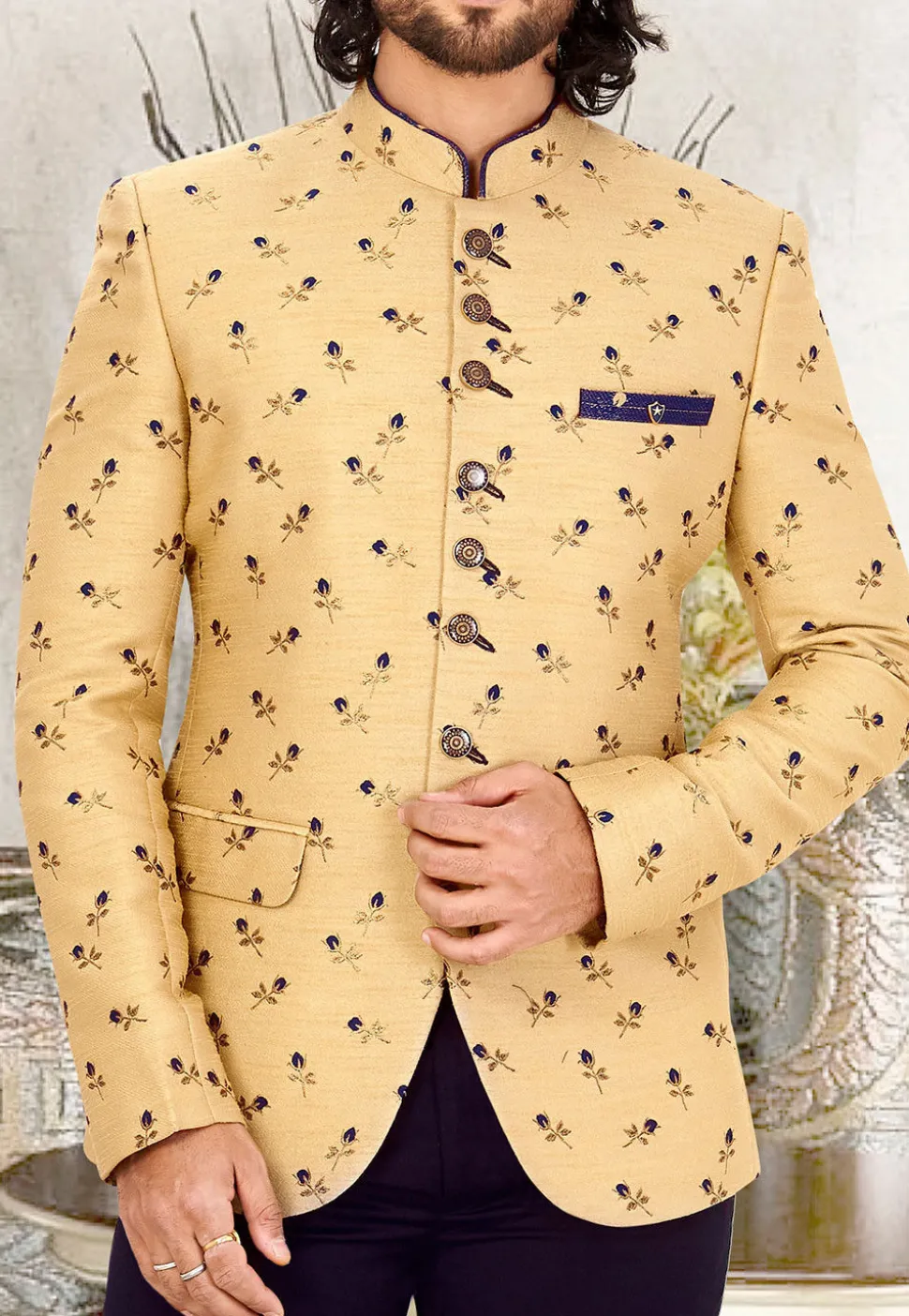 Embroidered Art Silk Jodhpuri Suit in Beige