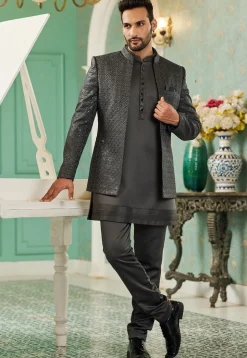 Embroidered Art Silk Jodhpuri Suit in Dark Grey