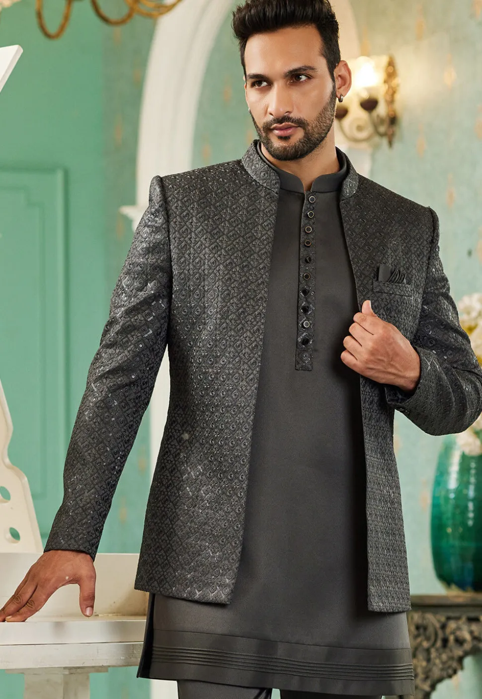 Embroidered Art Silk Jodhpuri Suit in Dark Grey