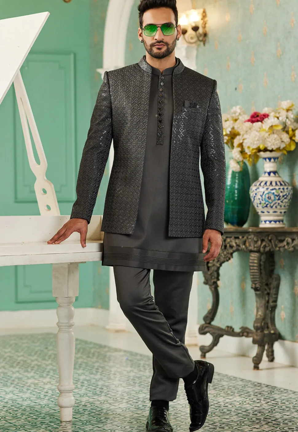 Embroidered Art Silk Jodhpuri Suit in Dark Grey