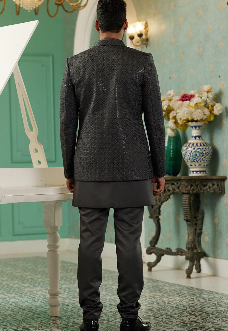 Embroidered Art Silk Jodhpuri Suit in Dark Grey