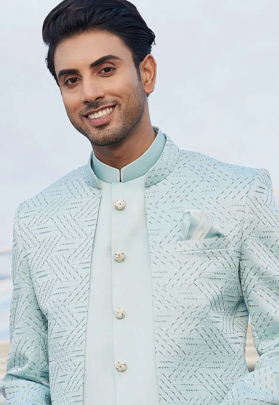 Embroidered Art Silk Jodhpuri Jacket in Sky Blue