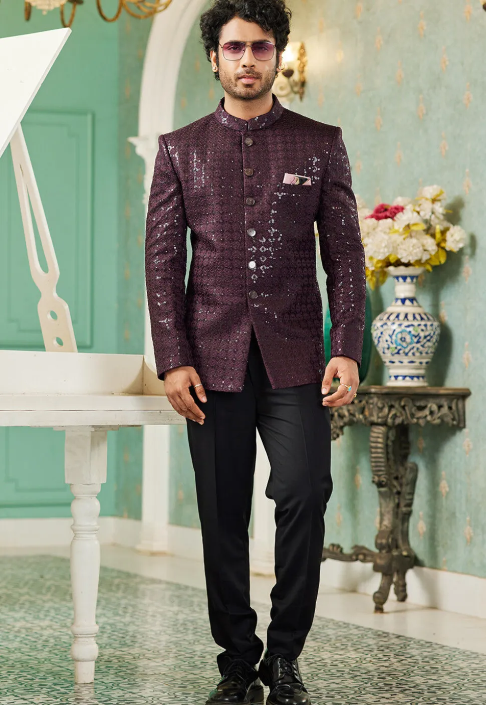 Embroidered Art Silk Jodhpuri Jacket in Wine
