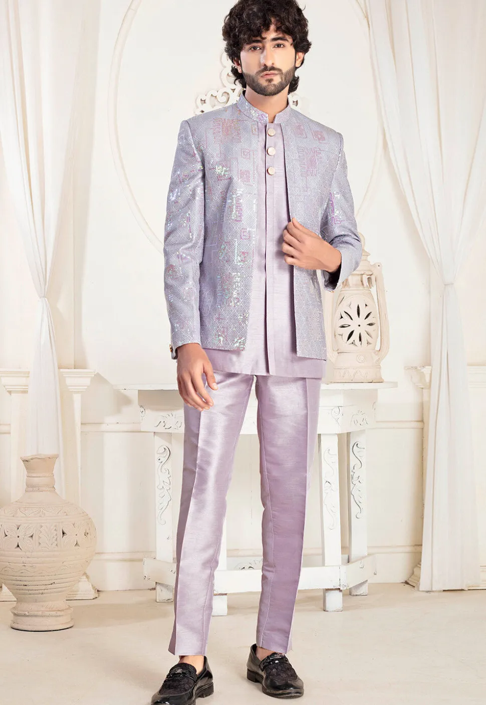 Embroidered Art Silk Jodhpuri Suit in Purple