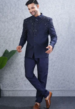 Embroidered Art Silk Jodhpuri Suit in Navy Blue