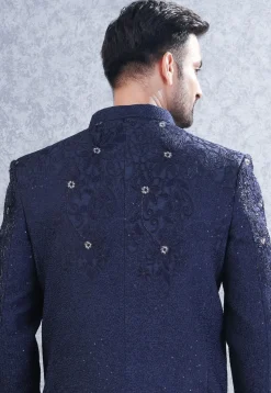 Embroidered Art Silk Jodhpuri Suit in Navy Blue