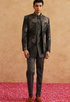 Embroidered Art Silk Jodhpuri Suit in Charcoal Black