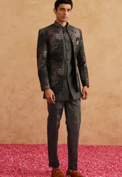 Embroidered Art Silk Jodhpuri Suit in Charcoal Black