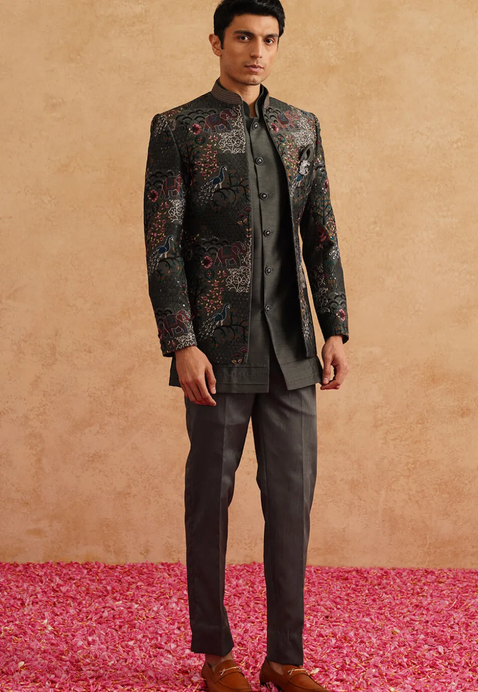 Embroidered Art Silk Jodhpuri Suit in Charcoal Black
