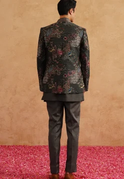 Embroidered Art Silk Jodhpuri Suit in Charcoal Black