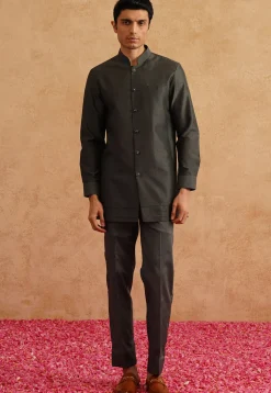Embroidered Art Silk Jodhpuri Suit in Charcoal Black