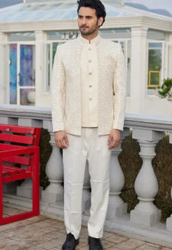 Embroidered Art Silk Jodhpuri Suit in Cream