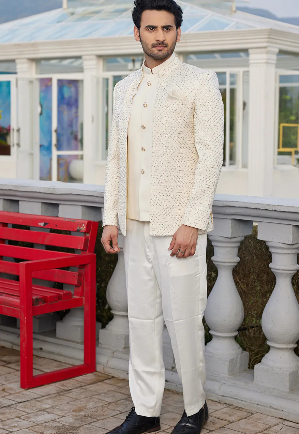 Embroidered Art Silk Jodhpuri Suit in Cream